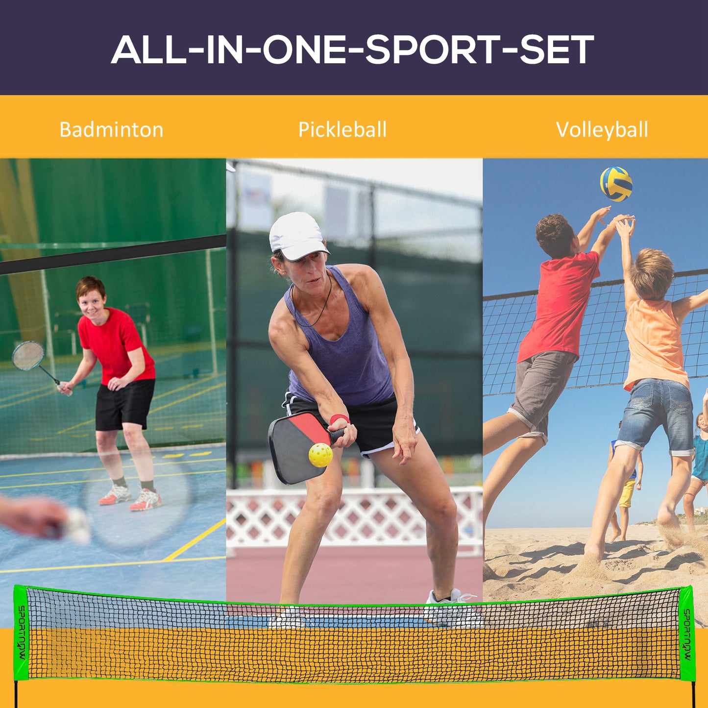 SPORTNOW Multi‑Sport Net Set – Height‑Adjustable Net for Badminton, Pickleball & Volleyball with Rackets and Shuttlecocks