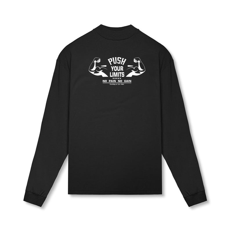 Muscle Warrior Workout long sleeve pullover T-shirt in black and white cotton, loose fit for youth sports