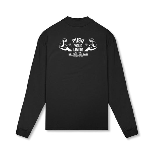 Muscle Warrior Workout long sleeve pullover T-shirt in black and white cotton, loose fit for youth sports