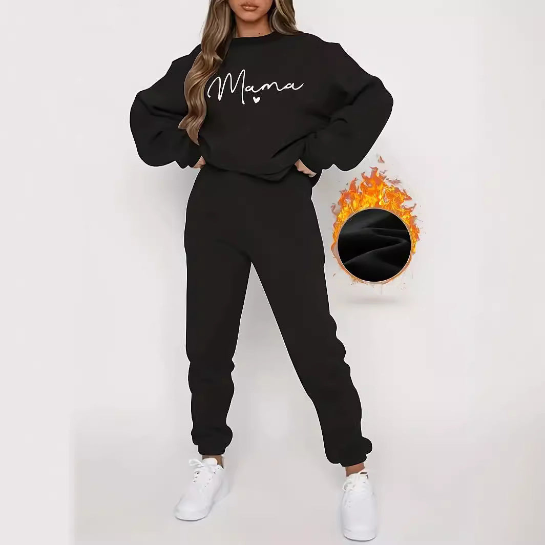 Black fleece letter-printing hoodie and sweatpants set for women with 3D effect polyester fabric