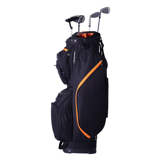Black and orange golf cart bag with 14-way organizer divider, multiple pockets, handles, dust cover, and detachable straps