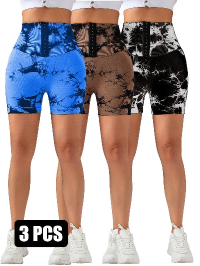 3 Pack-Tie Dye Lifting High Waist Skinny Stretch Gym Shorts
