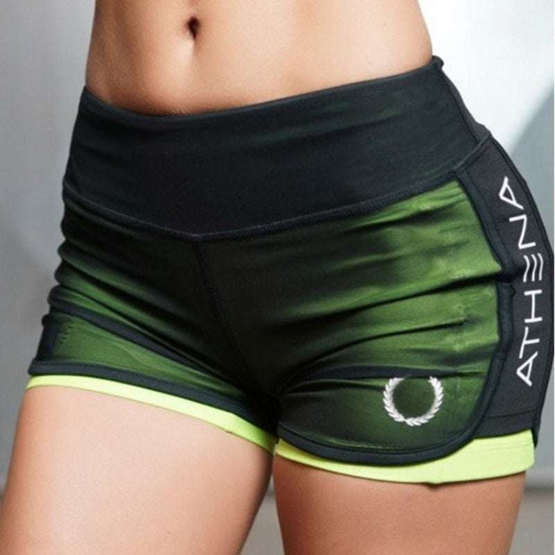 Women casual fake two sports shorts for workout in green and pink nylon blend