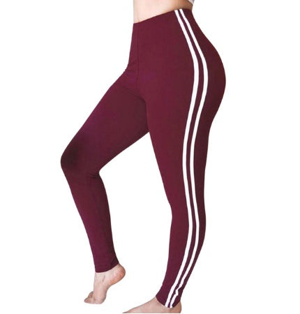 Women's Color-Block Fashion Sport Leggings in Burgundy – Side Stripe Athletic Fit | GearrUp
