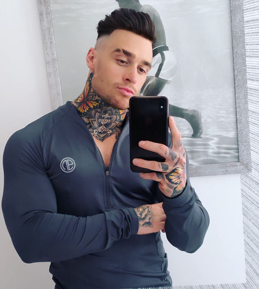 Black long sleeve men's zipper neck fitness shirt for gym and sports