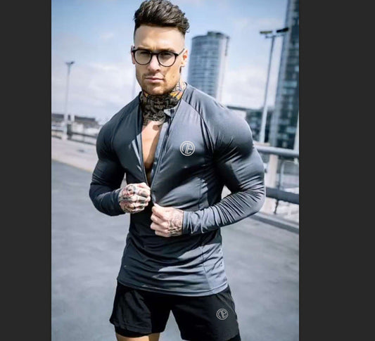 Black long sleeve zipper neck fitness shirt for men in sports style