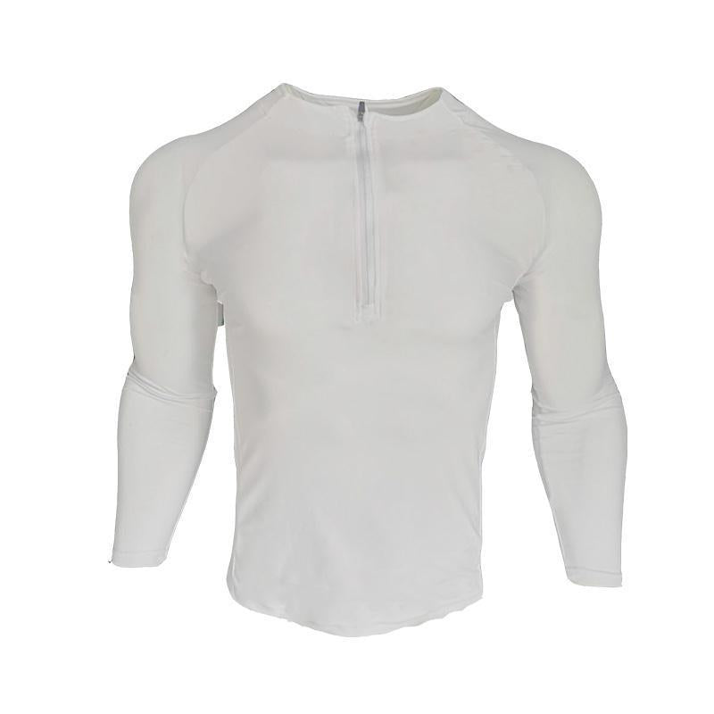 Black long sleeve zipper neck fitness shirt for men, sports gym polo with stand-up collar
