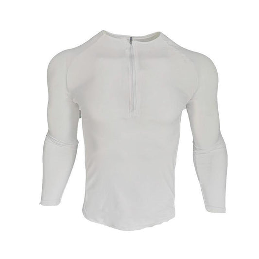 Black long sleeve zipper neck fitness shirt for men, sports gym polo with stand-up collar