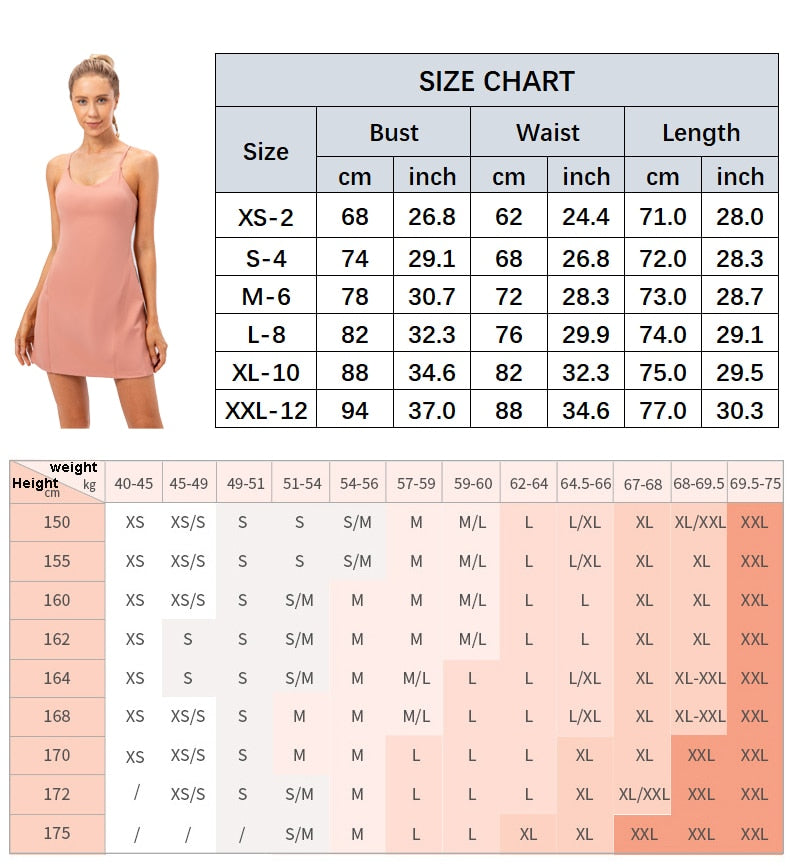 Women's tennis dress with shorts set size chart