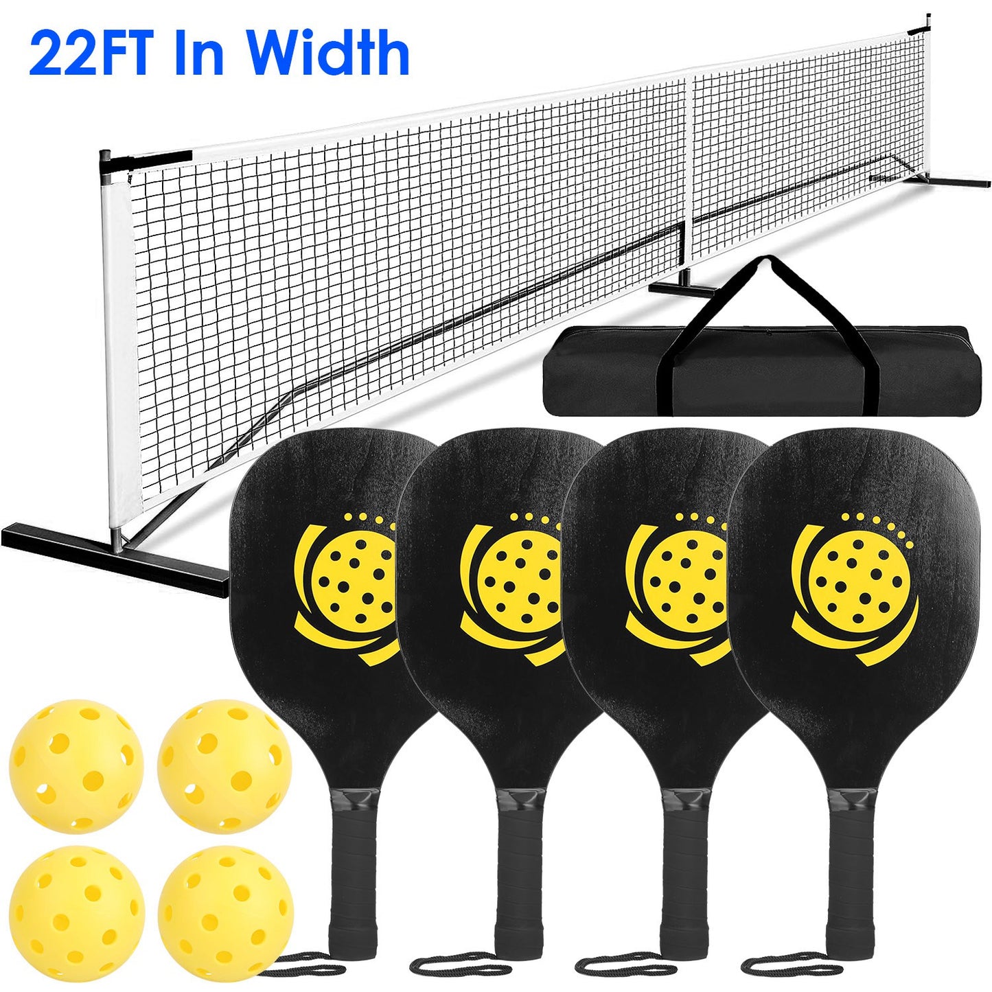 22ft Pickleball Net System – Portable Regulation Set with 4 Paddles, 4 Balls & Carry Bag