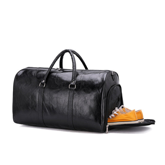 Retro business trip men's sports gym bag in blue PU leather with large capacity and waterproof design