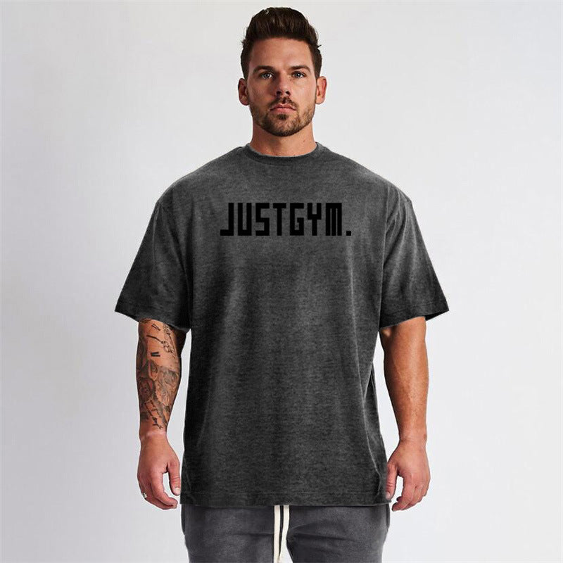 Muscle men's loose white cotton workout short sleeve t-shirt with letter pattern