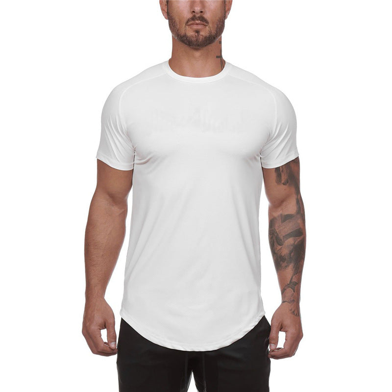 Male model wearing slim fit workout short sleeve T-shirt in multiple colors for sports and casual use