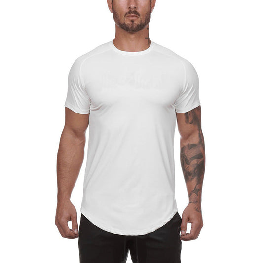 Male model wearing slim fit workout short sleeve T-shirt in multiple colors for sports and casual use