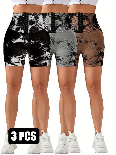 3 Pack-Tie Dye Lifting High Waist Skinny Stretch Gym Shorts