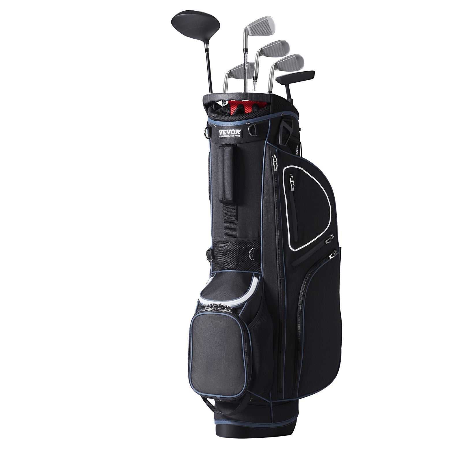 Black and white golf cart bag with 14 way organizer and 11 pockets