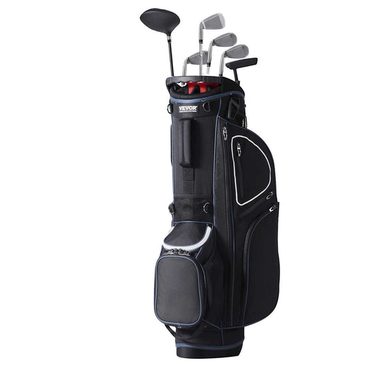 Black and white golf cart bag with 14 way organizer and 11 pockets
