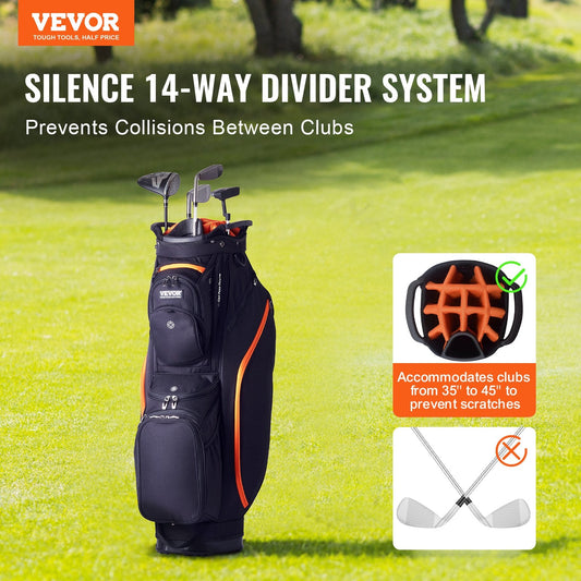 Black and orange golf cart bag with 14-way organizer divider, multiple pockets, ergonomic straps, and dust cover