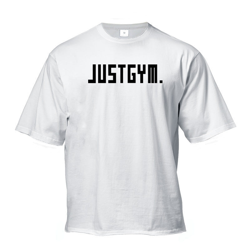 Muscle men's loose white cotton workout short sleeve T-shirt with letters pattern