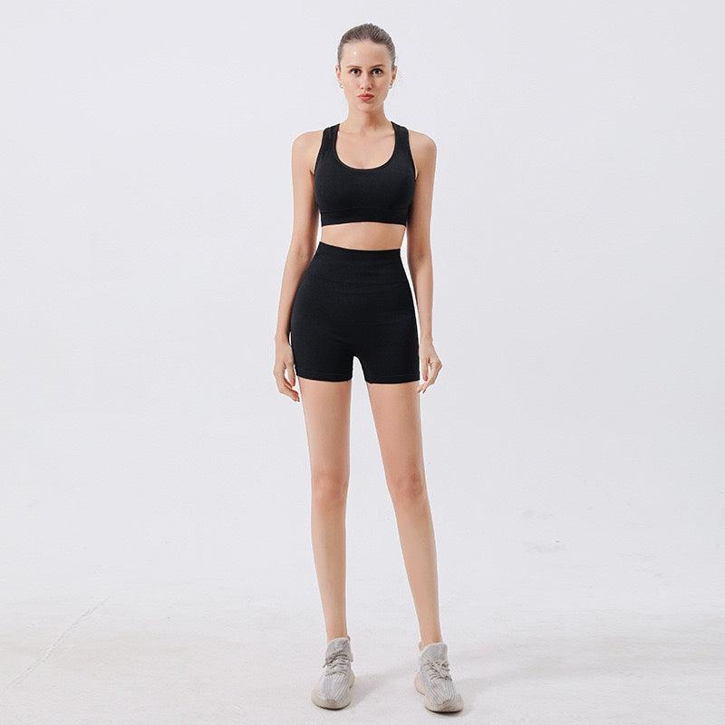 Women wearing 2-piece seamless ribbed crop tank and high waist shorts workout sets for women