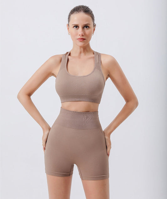 Two-piece seamless ribbed crop tank and high waist shorts workout set for women in pastel colors