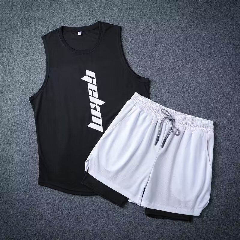 Men's speed athletic shorts and sleeveless vest workout outfit in black and white colors