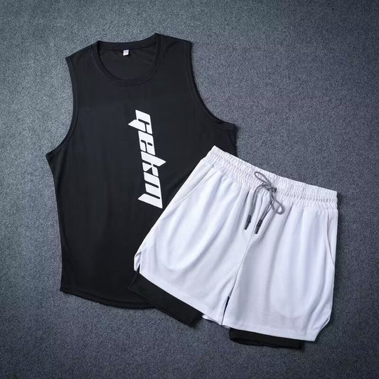 Men's speed athletic shorts and sleeveless vest workout outfit in black and white colors