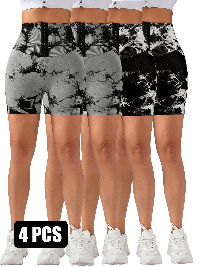 4 Pack-Tie Dye Lifting High Waist Skinny Stretch Gym Shorts