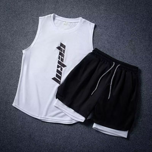 Speed men's athletic shorts and sleeveless vest workout clothes in black and white colors