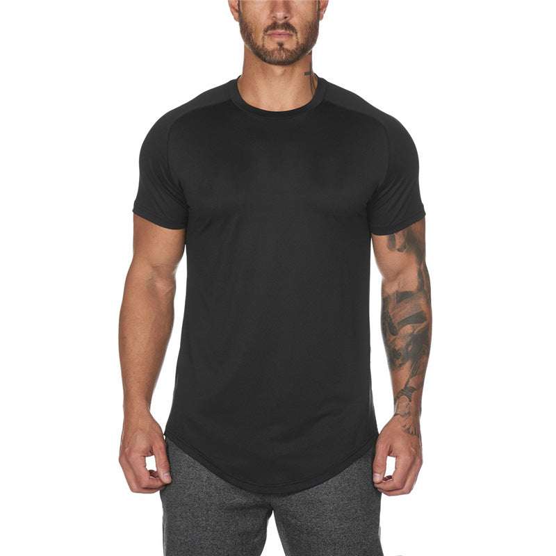 Men's workout short sleeve T-shirt in solid colors, breathable cotton blend fabric, slim fit pullover design for sports.
