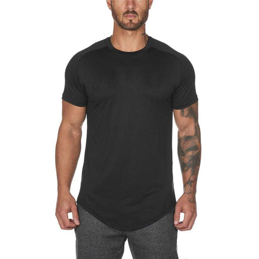 Men's workout short sleeve T-shirt in solid colors, breathable cotton blend fabric, slim fit pullover design for sports.