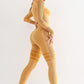 Workout Sets Women 2 Piece Gym Outfits Seamless Yoga Long Sleeve Crop Top Stripes Legging Mesh Yellow Medium