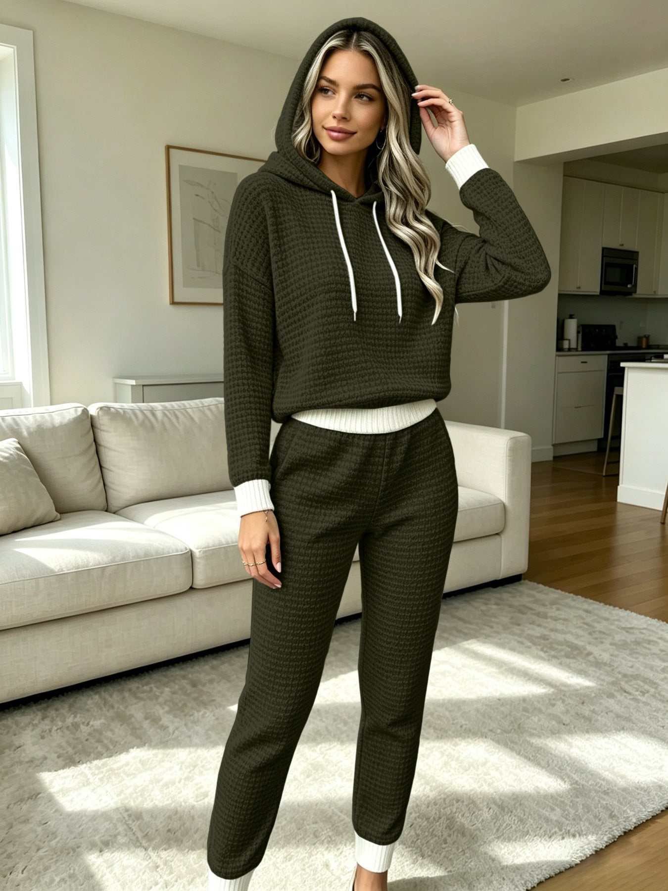 Women's Casual Waffle-Weave Hoodie and Pants Set | Comfortable Two-Piece