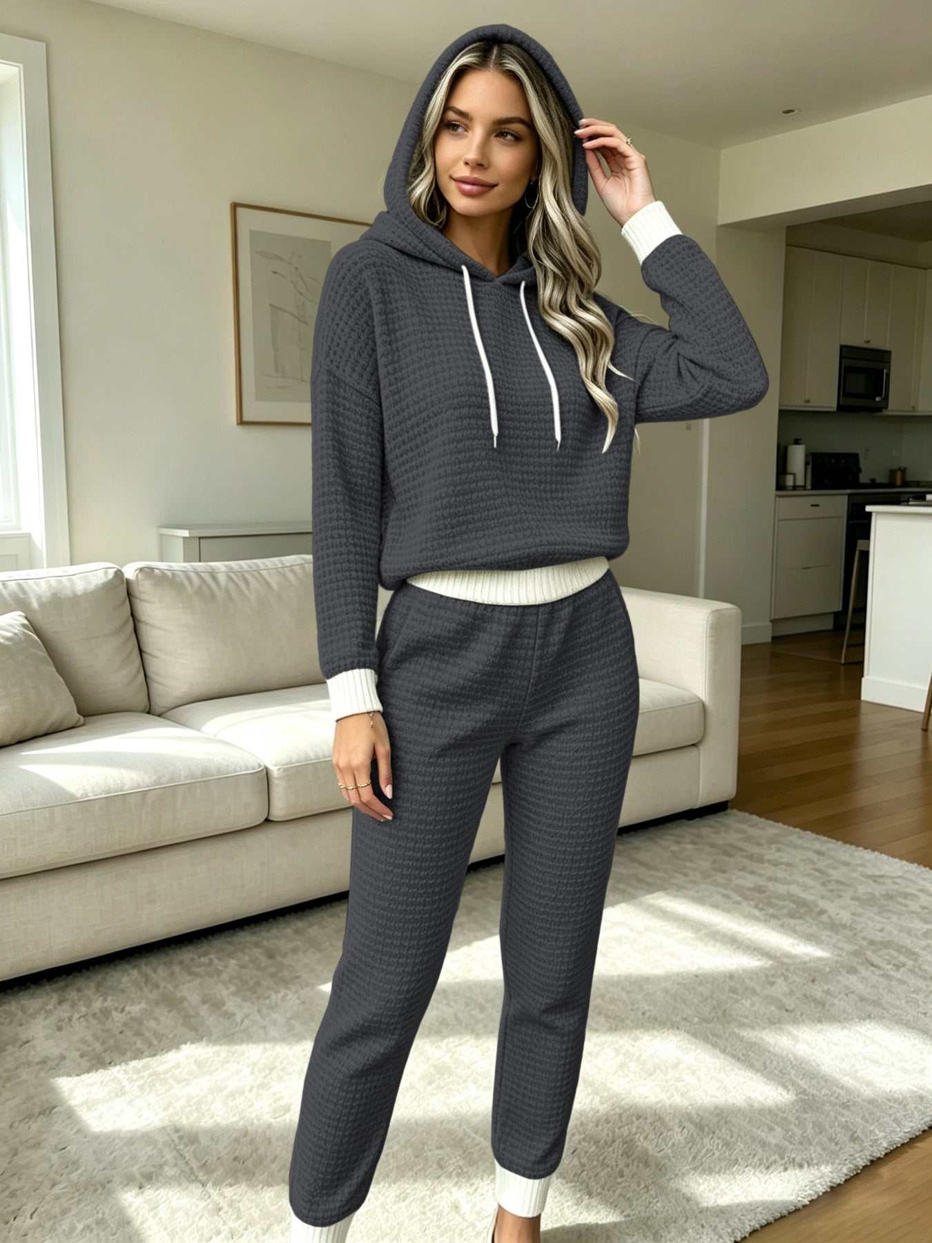 Women's Casual Waffle-Weave Hoodie and Pants Set | Comfortable Two-Piece