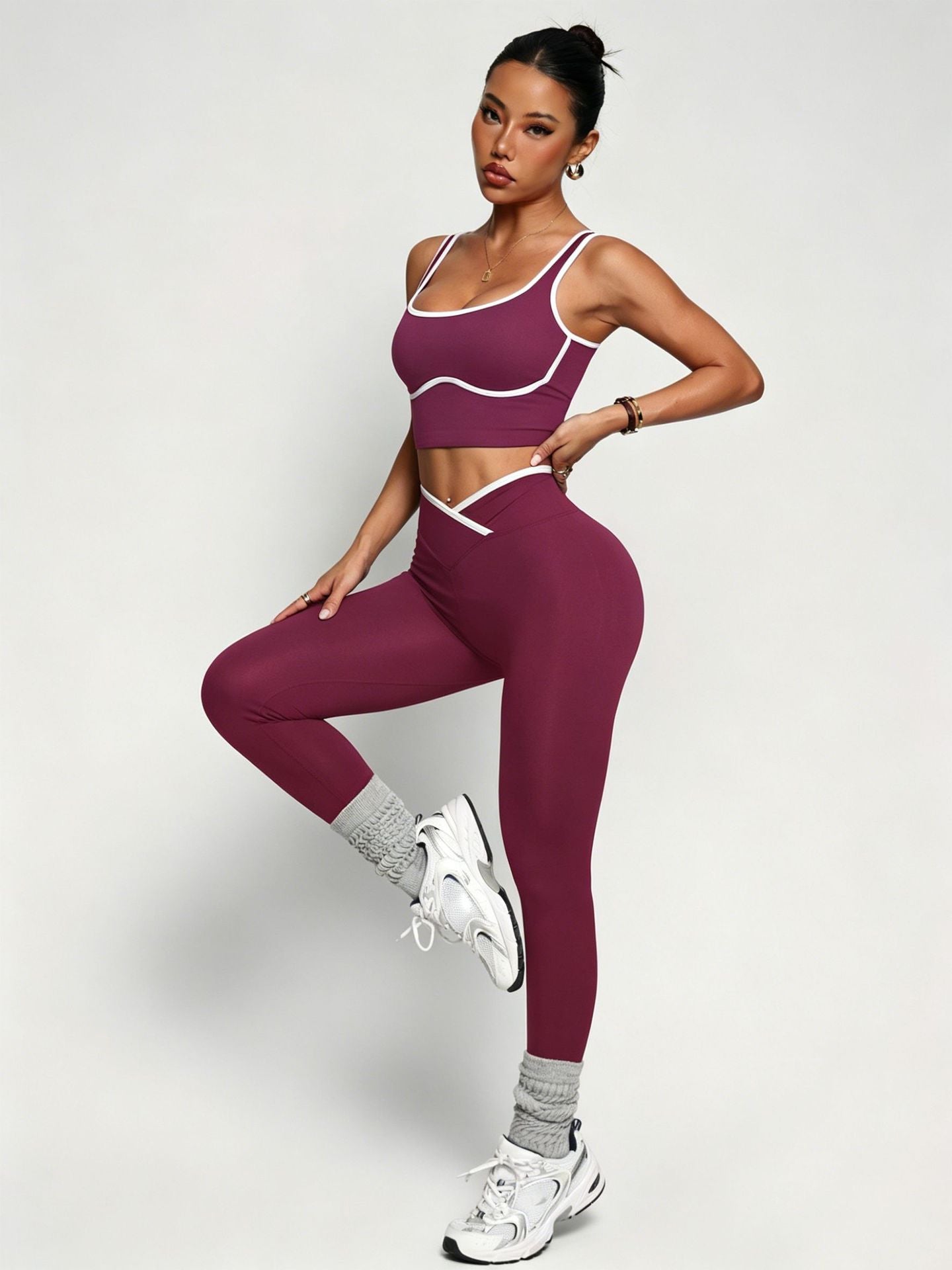 Women wearing seamless sports bra and high waist yoga pants workout outfit set in various colors