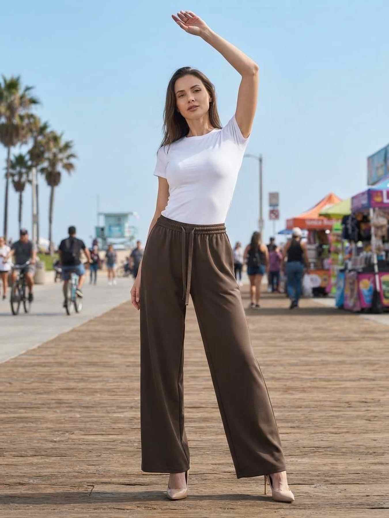 Ladies long trousers casual straight leg pants for women with drawstring and stretchy fit