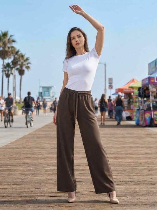 Ladies long trousers casual straight leg pants for women with drawstring and stretchy fit