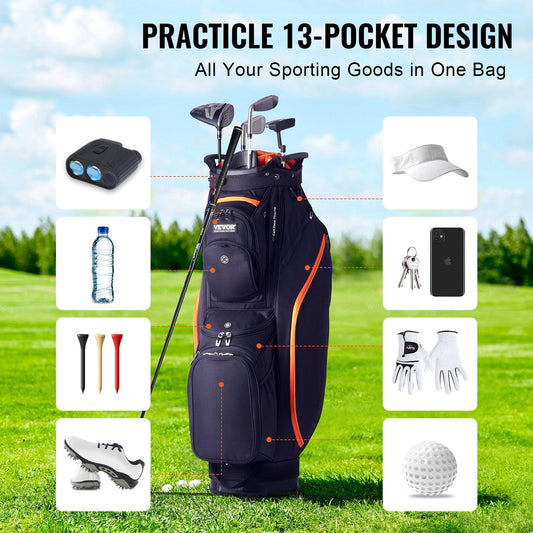 Black and orange golf cart bag with 14-way organizer divider, multiple pockets, durable waterproof material, and ergonomic handles and straps.