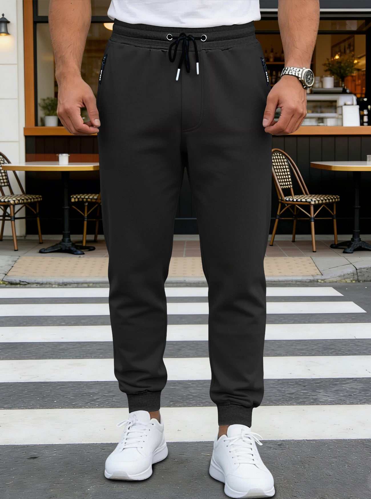 Mens sporty long pants casual zip-cuff sweatpants in light heather gray and black with mid-waist and straight leg design