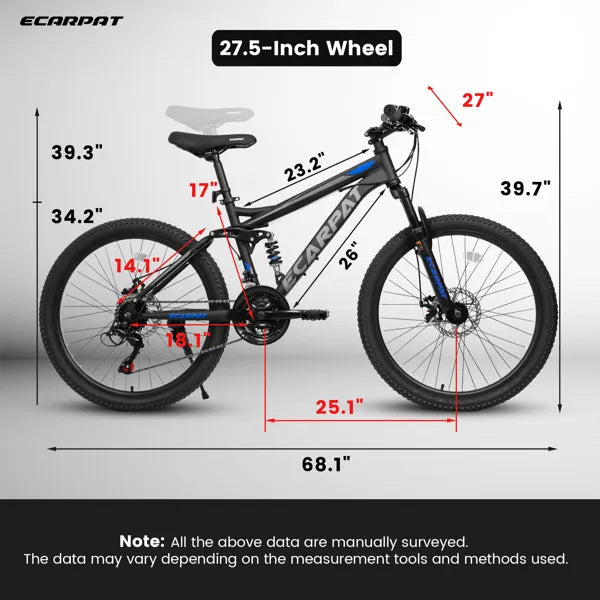 27.5" Adult Mountain Bike: Full Suspension & 21 Speeds