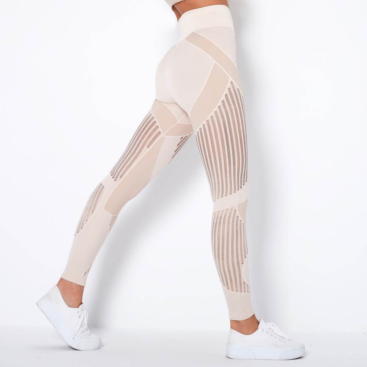 Beige high waist yoga pants featuring stylish stripes.