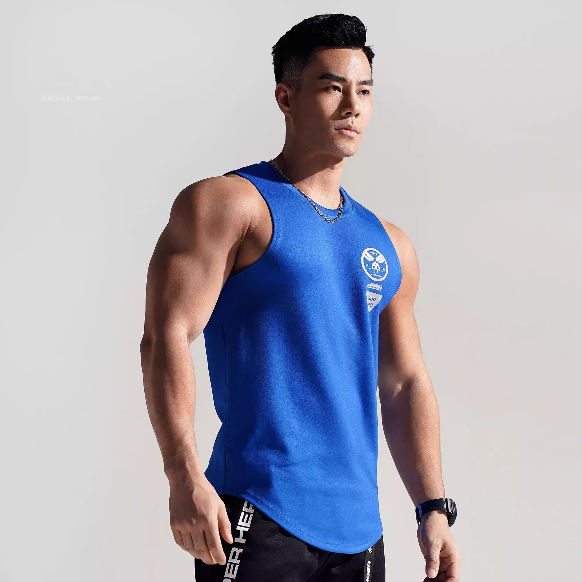 Side view of blue MoLiFang bouncy air-layer vest on model