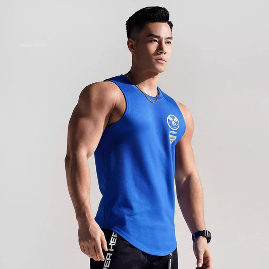 Side view of blue MoLiFang bouncy air-layer vest on model