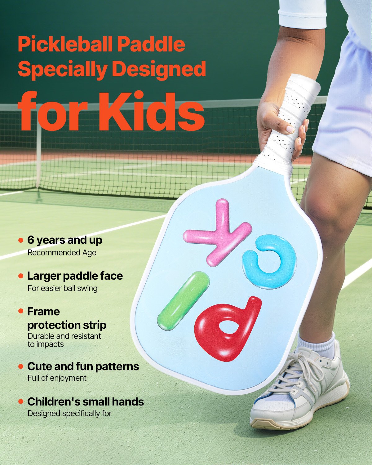 Kids Pickleball Paddle – Lightweight Youth Fiberglass Paddle with Small Grip & Cute Pattern (Child Size for Boys & Girls)