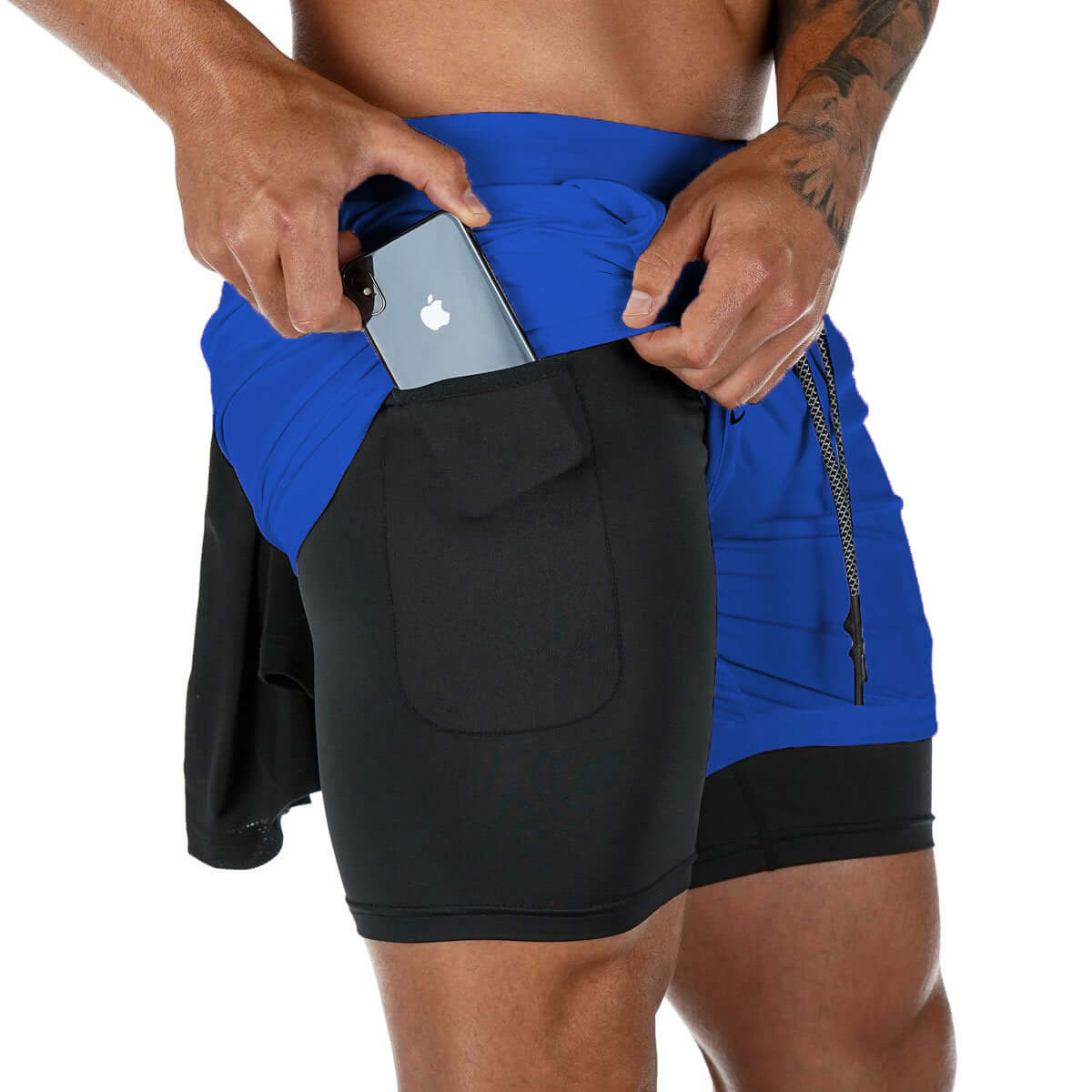 Men's double-layer quick-drying breathable jogging shorts featuring a pocket for phone storage.