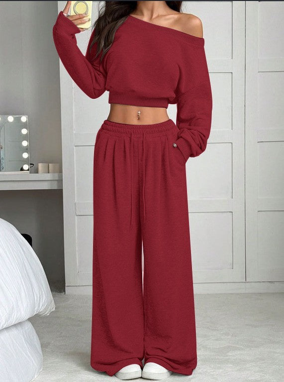 Women's fashion slim-fit off-shoulder navel solid color casual pants suit with long sleeves and drawstring waist