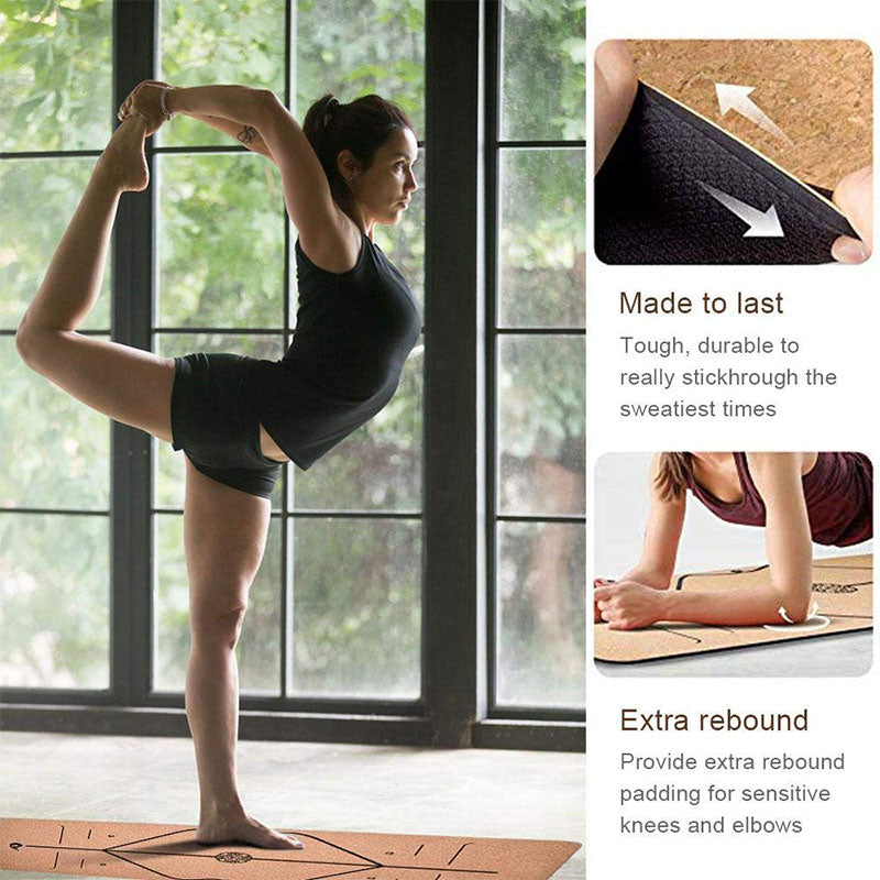 Cork Rubber Yoga Mat – Body Alignment Lines, Thick & Sweatproof