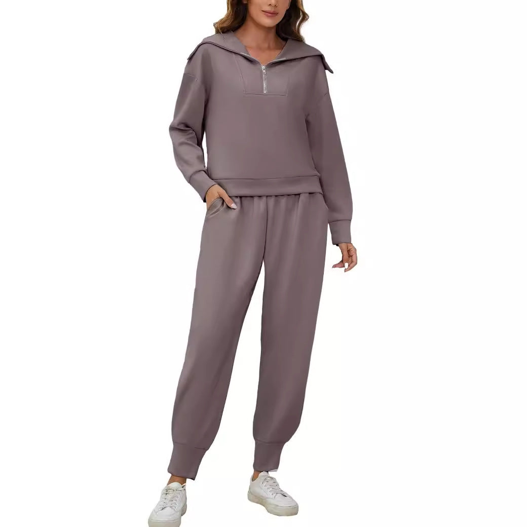 Urban Lounge 2-Piece Set – Long-Sleeve Lapel Top & High-Waist Pants