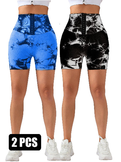 2 Pack-Tie Dye Lifting High Waist Skinny Stretch Gym Shorts