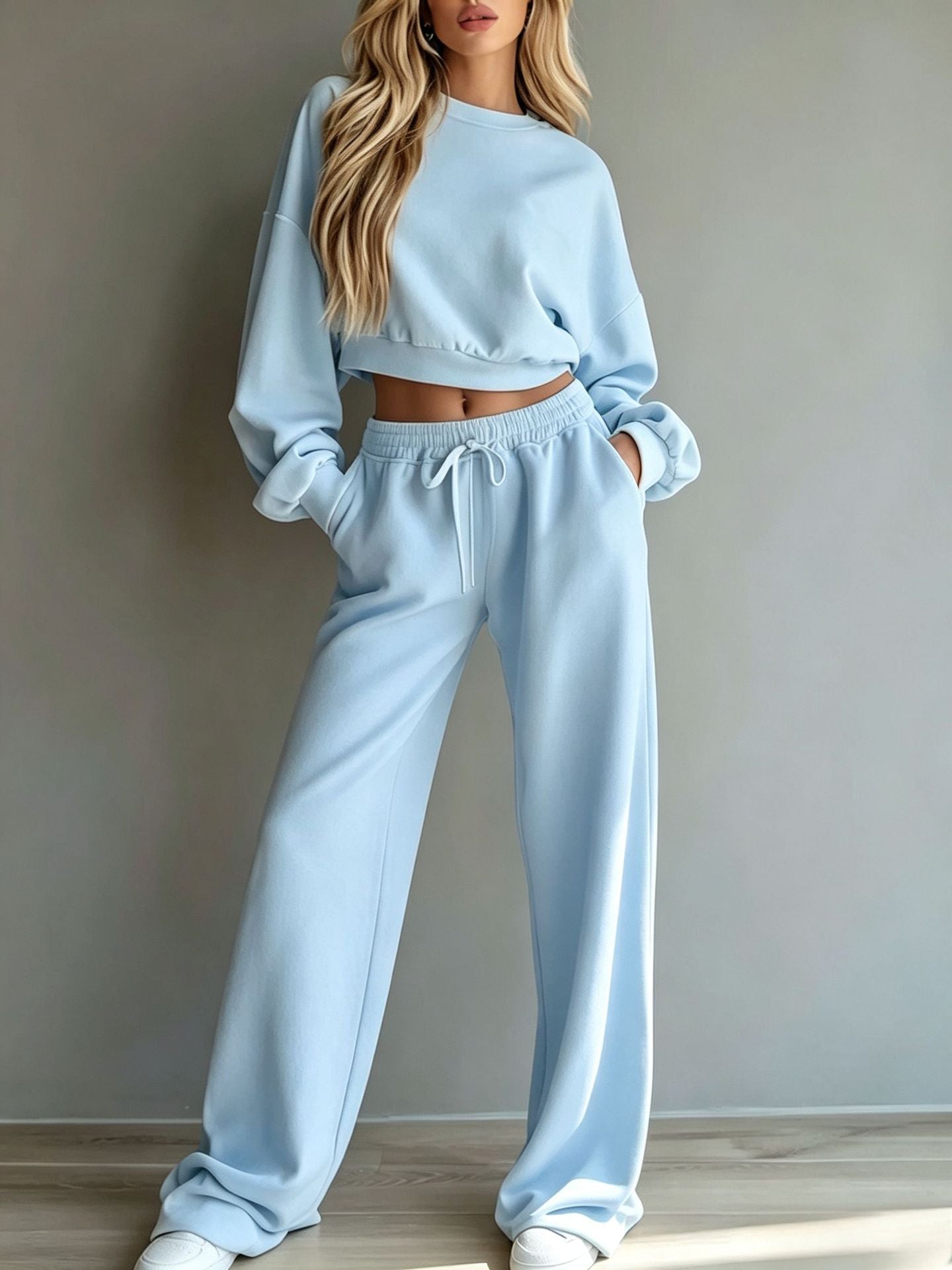 Womens casual short hooded sweatshirt and wide-leg pants set in light yellow polyester
